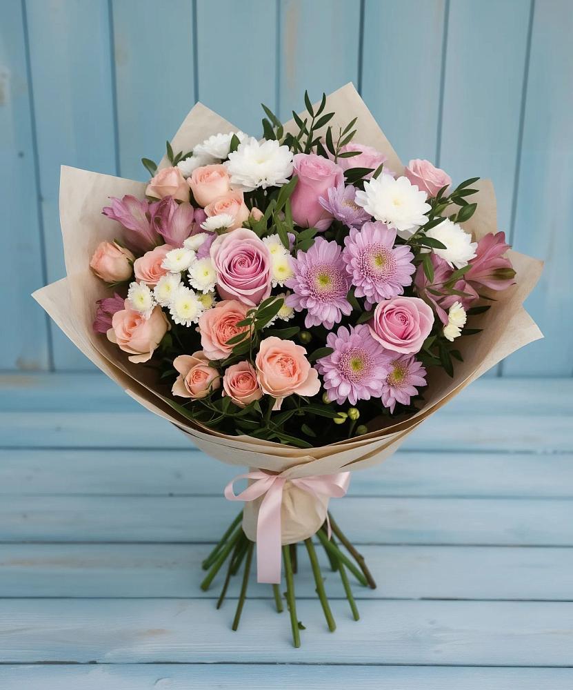 Букет цветов из: Хризантемы, Розы и Альстромерии в Бунятино