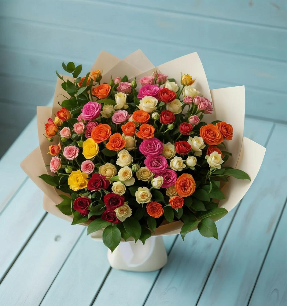 Букет Микс из разноцветных кустовых роз в Бунятино