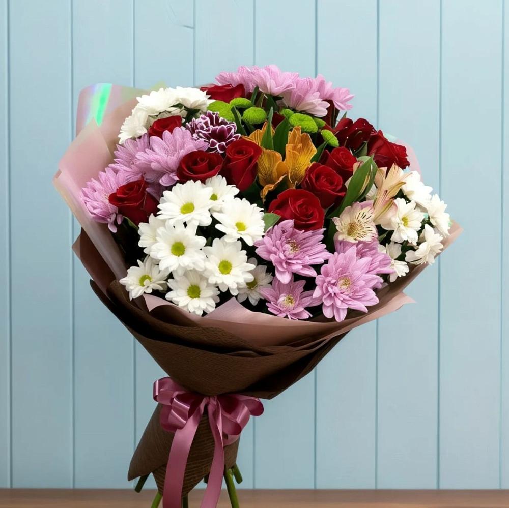 Букет цветов из: Розы, Хризантемы и Альстромерии в Бунятино