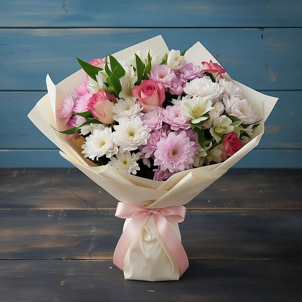 Букет цветов из: Хризантемы, Альстромерии и Розы в Бунятино